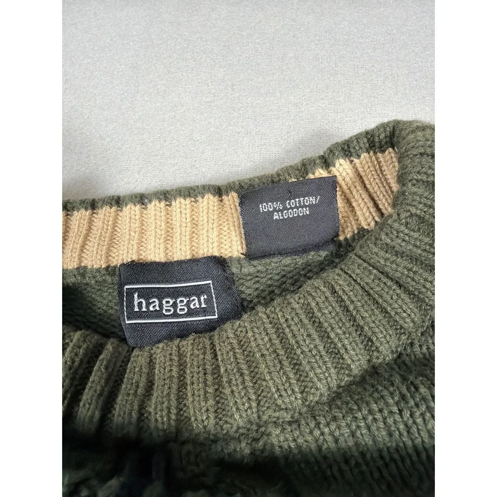 Grunge core Haggar Men Olive Green Cable Knit Cotton Crewneck Sweater Size Large